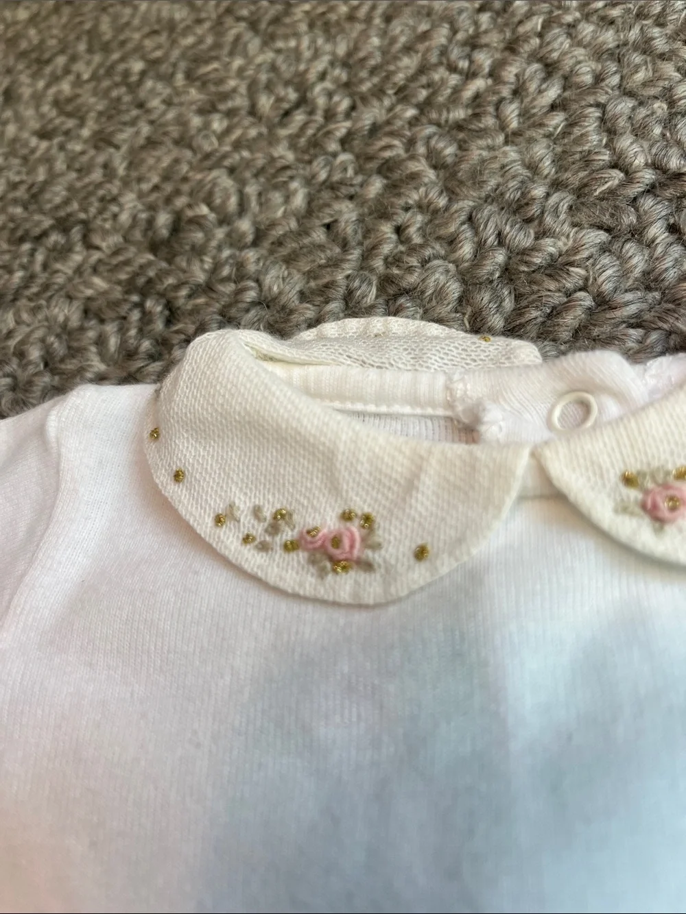 Bonpoint Classic White Baby One-Piece with Floral Peter Pan Collar